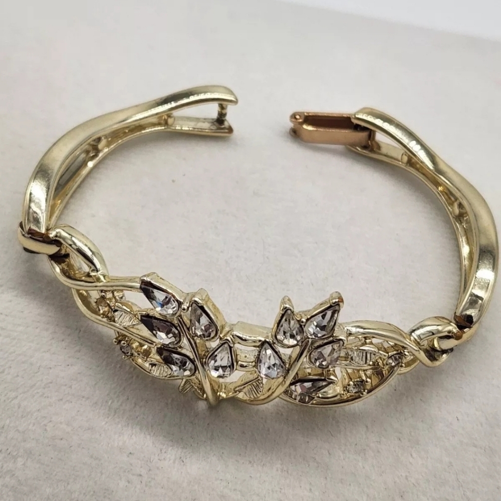 Vintage Signed Bogoff Clear Rhinestones Gold Tonr… - image 5